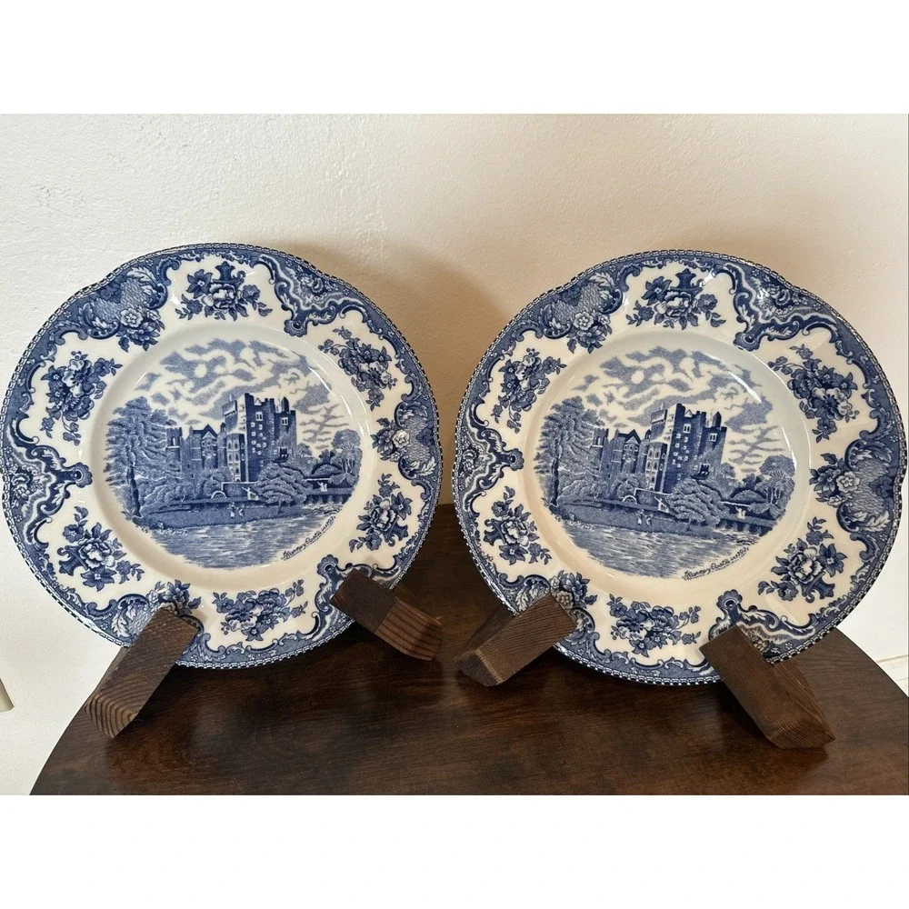 Pair Johnson Brothers Old Britain Castles Blue/White Ironstone Plate 10